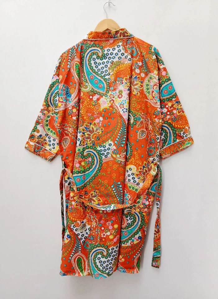 Bata de algodón con estampado de cachemira naranja indio kimono largo ropa para dormir batas kimono de noche Foto 3 de 4