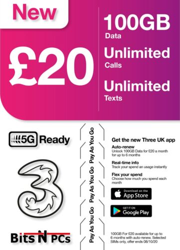 THREE SIM CARD (3)  - PAY AS YOU GO - FITS ALL PHONES - Picture 1 of 2