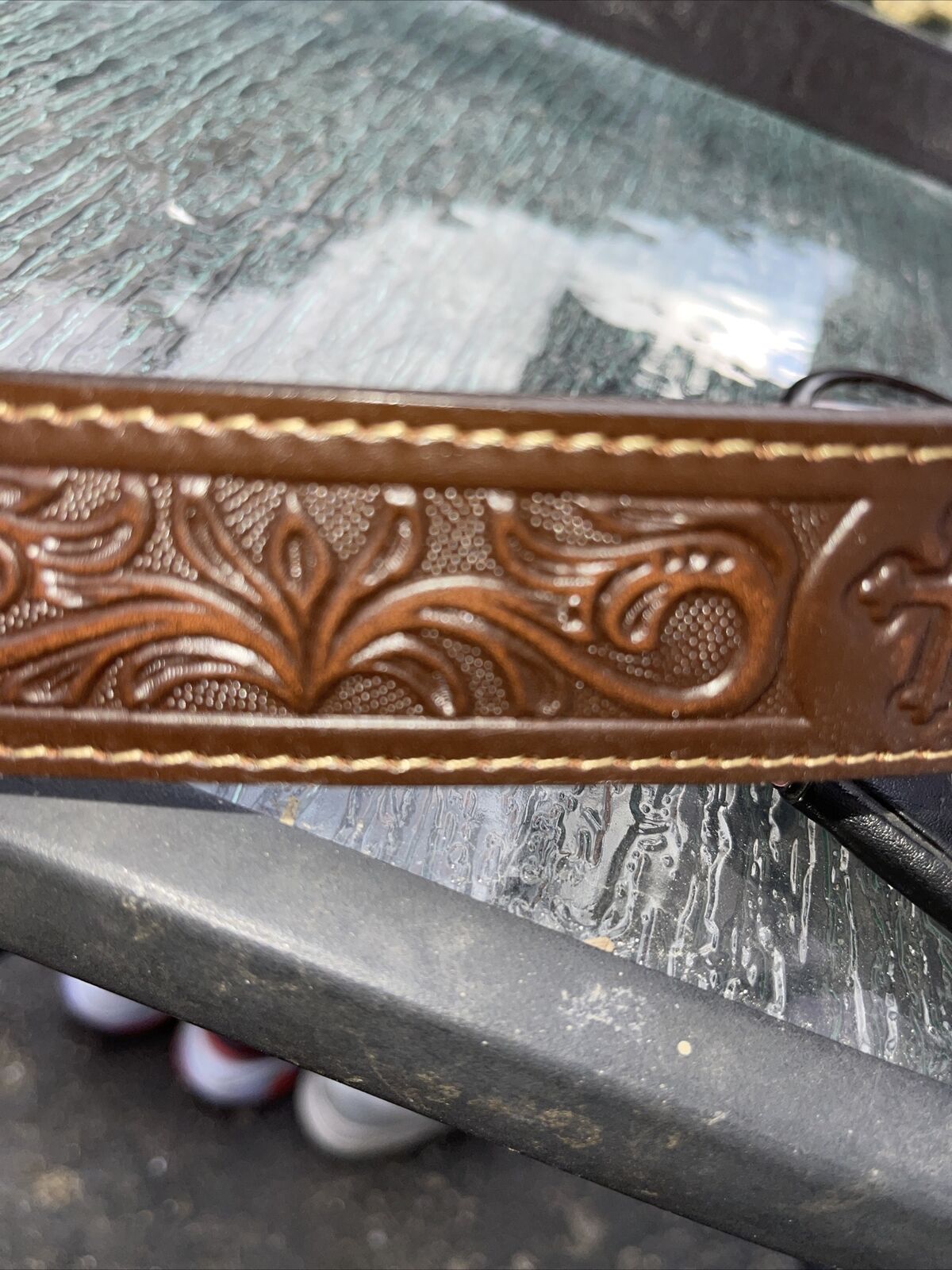 Mens Belt with Big Cross Silver Tone Buckle & emb… - image 3