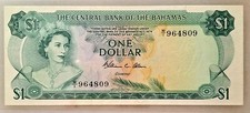 Bahamas $1 Queen Elizabeth P35b. UNC with 2mm edge tear. 1974. Signed Allen.