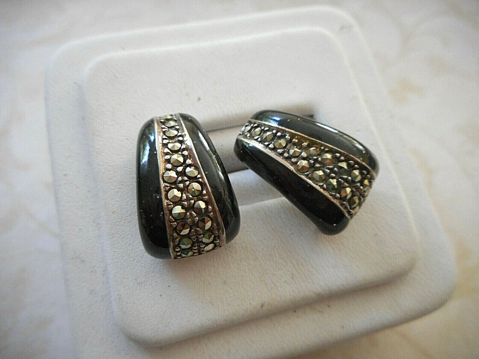 Sterling Silver Black Resin with Sparkles Marcasite Earrings E24-9 - Image 4 of 4