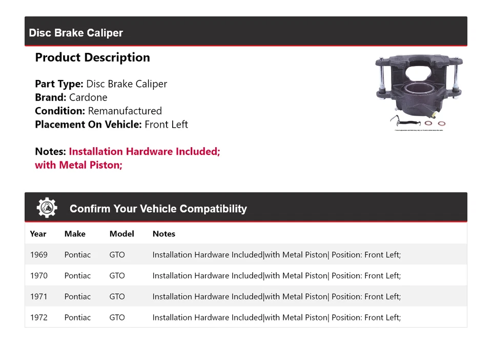 For 1969-1972 Pontiac GTO Disc Brake Caliper Front Left Cardone 1970 1971 - Image 2 of 4