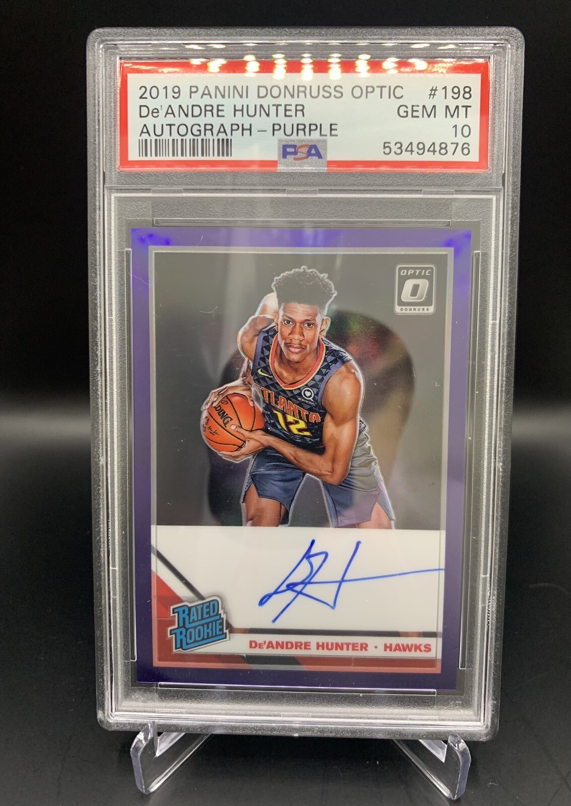 2019 DE'ANDRE HUNTER OPTIC RATED ROOKIE PURPLE AUTO PSA10 LOW POP