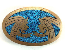 Vintage Aztec Mayan Style Turquoise Inlay Belt Buckle Mexico