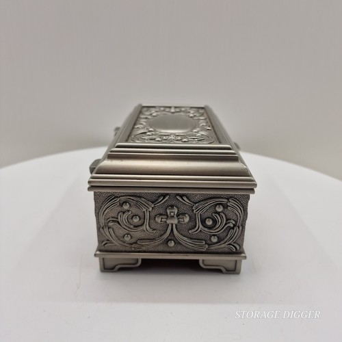 Vintage Style Fine Detail Rectangular Jewelry Organizer Silver Toned Trinket Box - Picture 5 of 14