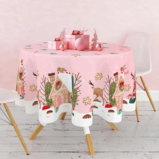 Pink Christmas Tablecloth 60x60 Inch Gingerbread House Reindeer Table Cloth roun