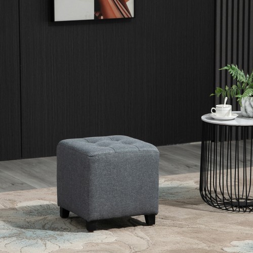 HOMCOM Linen-Look Square Ottoman Footstool Button Tufts Wood Frame Padding Grey - Picture 2 of 12