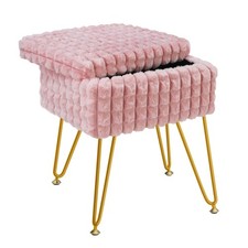 Rectangle Vanity Chair with Storage, Faux Fur Vanity Stool with Anti-Slip Adj...