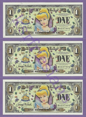 2005 D $1 CINDERELLA WALT DISNEY WORLD DOLLARS (3) THREE D0337801-7803 2ND ISSUE