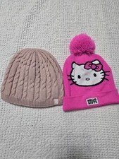 Lot of 2 Girls Cute Beanies: Pink Hello Kitty w/PomPom Cable Knit Heat Holders