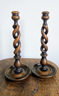 Pair Of Antique Oak Barley Twisted Candlesticks 31cm Tall C1900