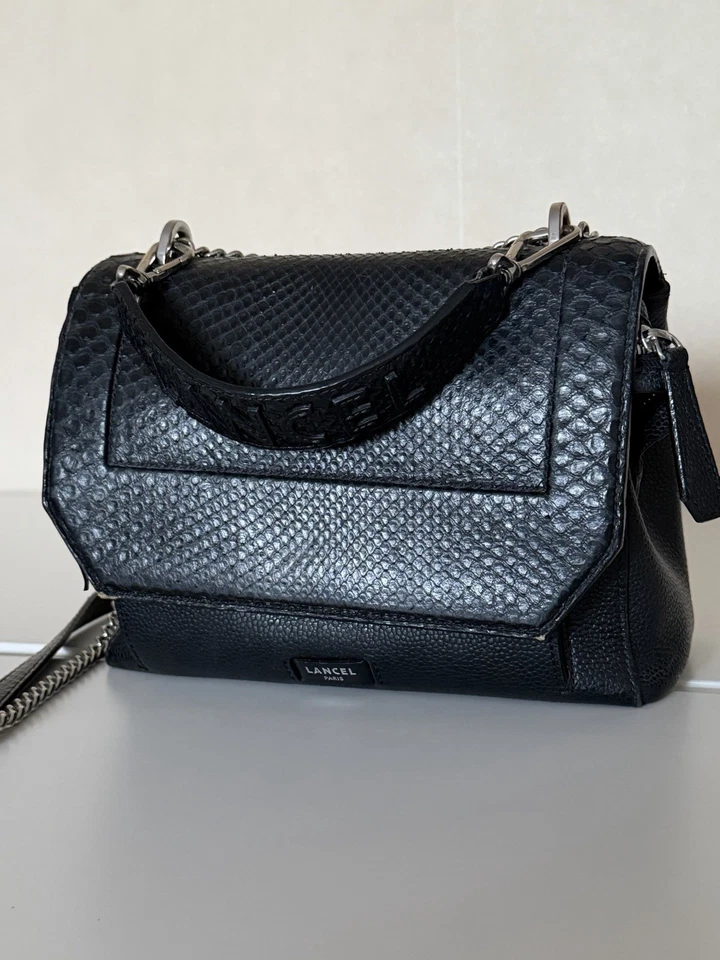 Sac Lancel Ninon bandoulière cuir noir avec rabat en python - Photo 1/4