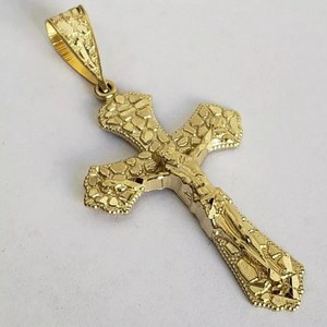 Authentic Cross Charm Pendant Nugget Jesus Crucifix Men's Women's 14k Yellow Gold Plated