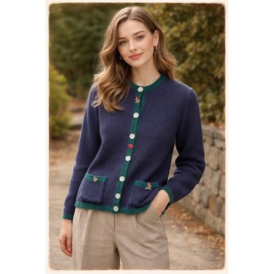 Giesswein M VINTAGE 80's Austrian Pure Wool Cardigan Rooster Knit Sweater Navy