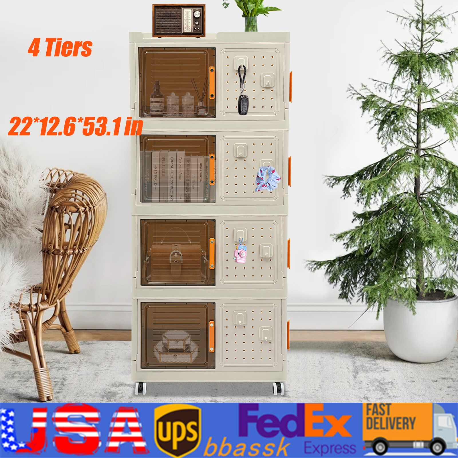 4-Tier Freestanding PP Storage Cabinet with Wheels & Hooks