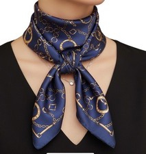 Vintage Navy Blue Satin Square Scarf Gold Chain Print Equestrian Neckerchief