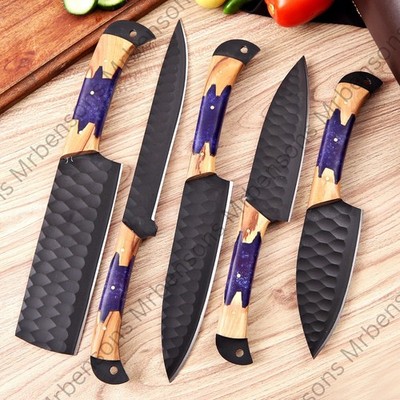 5 Pcs Handmade Black Chef Set Diamond Forge Kitchen Chef Knife Resin Wood Handle