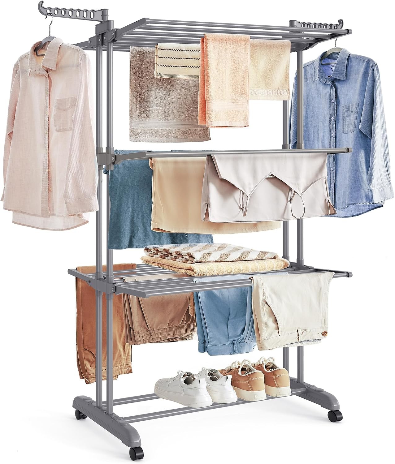 SONGMICS Large Clothes Airer Foldable 4-Tier Drying Rack 64x126x172 cm Grey