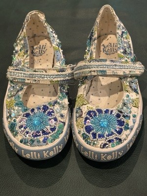 Lelli Kelly Blue Flowers Jewels Sequins Beaded Mary Jane Style Shoes Sz 32