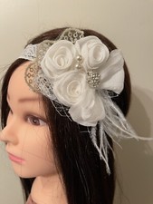 Baby White Lace Baptism Christening Feathers Rosette Flower Headband Photo Prop