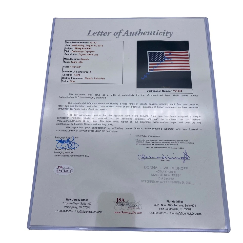 Missy Franklin Signed Team USA Gold Medal Winner Olympic Swim Cap JSA Cal - Image 3 of 3