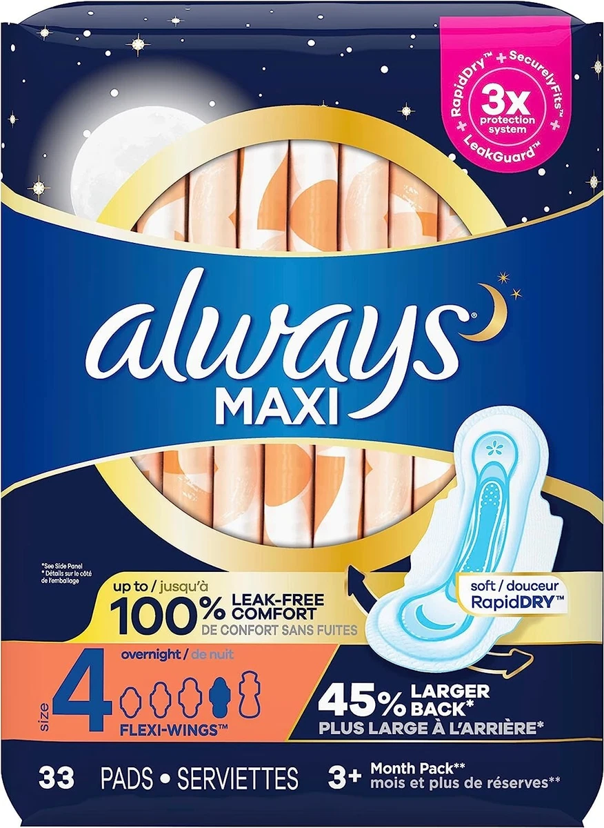 Always Maxi Pads Size 4 Overnight Absorbency Unscented with Wings, 33 Count