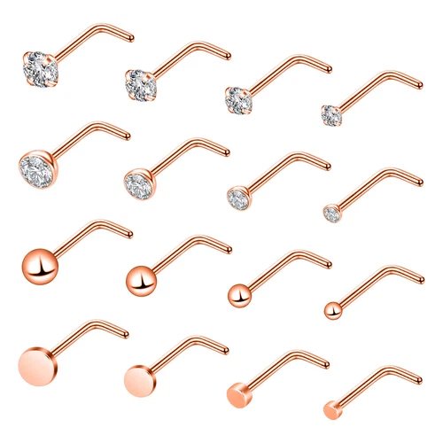 9-16Pcs Nose Stud Surgical Steel CZ L Shaped Studs Ear Body Piercing Jewelry 20G