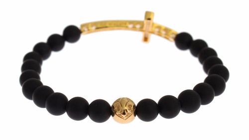 NIALAYA Women's Matte Onyx Stone Gold CZ Cross 925 Silver Bracelet s. S RRP $320 - Picture 5 of 9