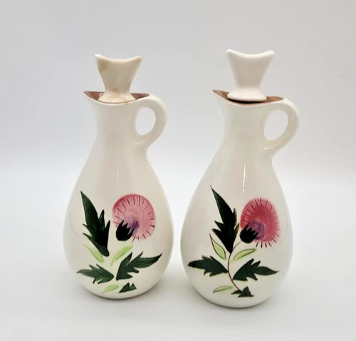 Stangl1 Pottery Thistle Oil and Vinegar Cruet Set Pitchers with Stoppers