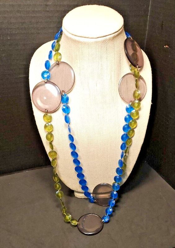 Vintage 1960's Plastic Necklace Olive Green Med Blue w/Clasp 72"