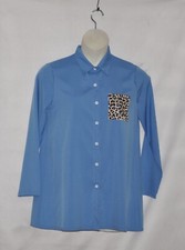 Button Front Blouse with Leopard Printed Chest Pocket Size S Blue