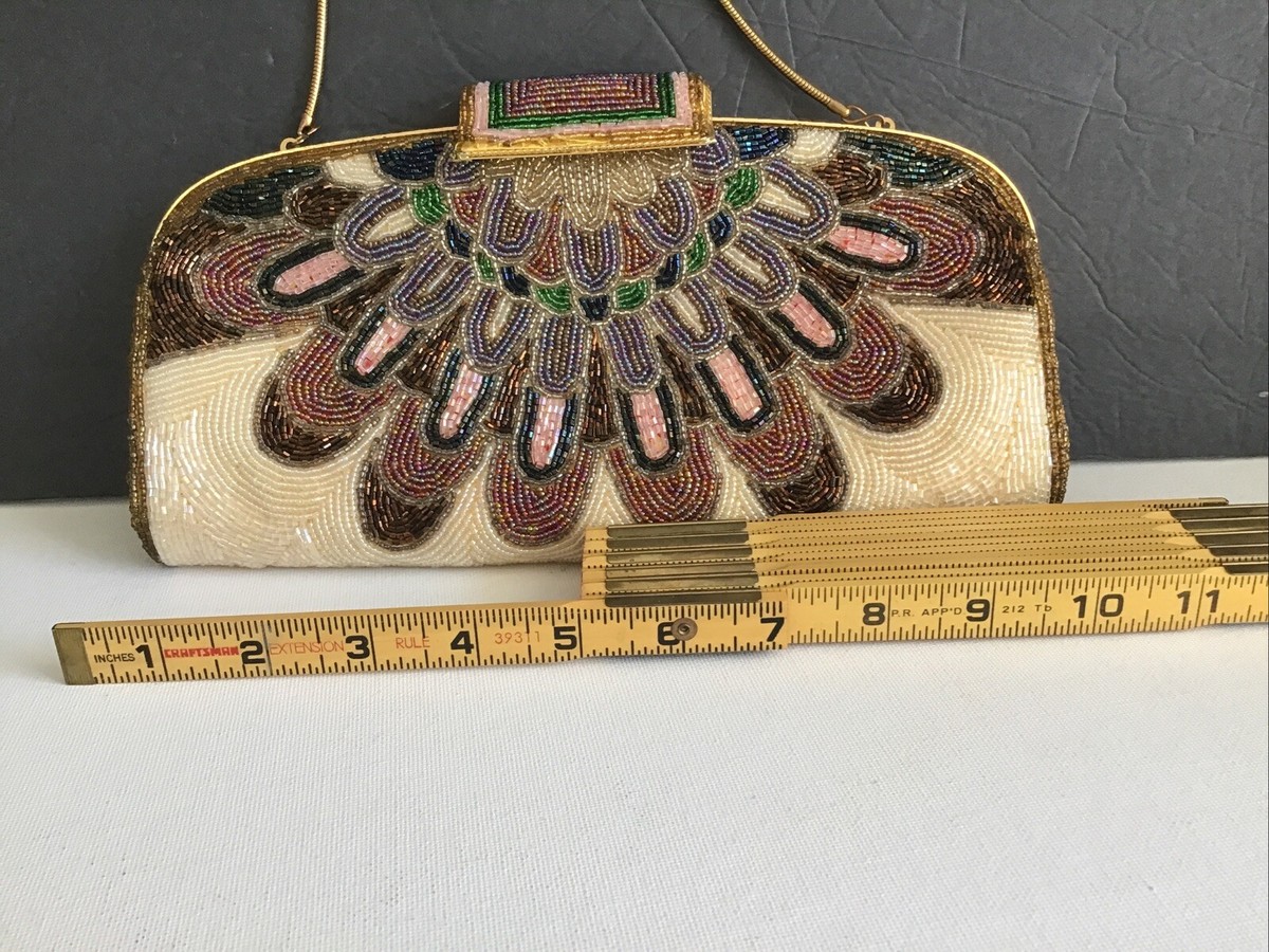 Beautiful Vintage Beaded Clutch /Purse Peacock Design Gold Accents