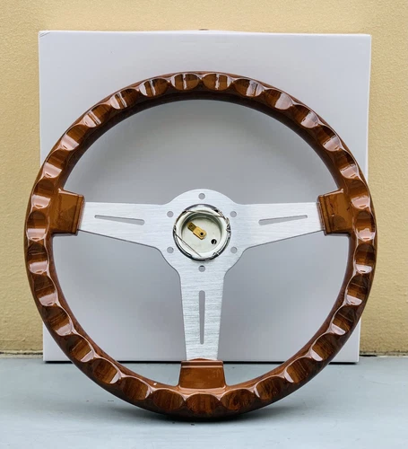 NARDI Classic 350mm Steering Wheel Mahogany Wood with Brushed Aluminum Finish - Picture 5 of 8