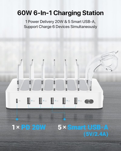 SooPii 60W 6 Port Charging Station, PD 20W USB C Fast Charging - Photo 11 sur 42