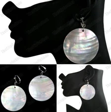 Clips/Hooks BIG 5cm DISC white MOP SHELL EARRINGS mother of pearl natural BOHO