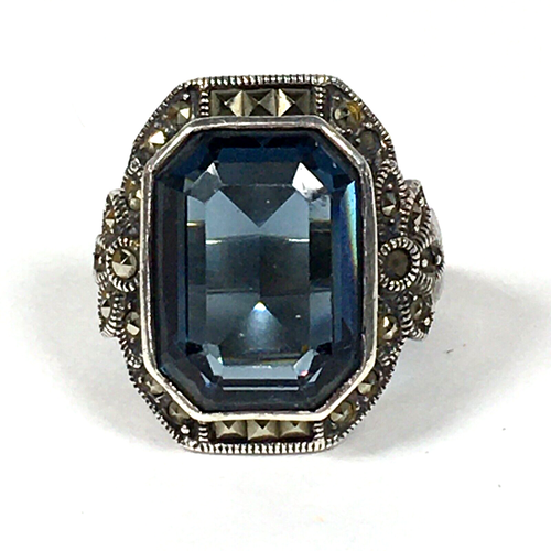 Anello Art Decò Argento Sterling 925 Simulato Pietra Preziosa Blu Marcasite Misura 4,5 - Foto 18 di 19
