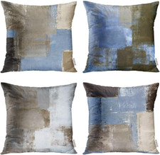 Set of 4 Linen Throw Pillow Cover Case Blue and Beige Grey and Brown Abstract Ar