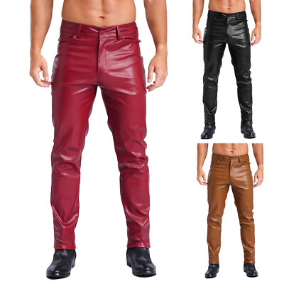 US Mens Faux Leather Pants Rave Club Long Trouser Casual Stretch Straight Gothic