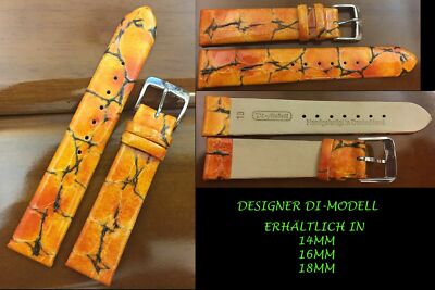 14-16-18 Mm Watch Strap Di-Model Top Lacquer Fantasy Orange, Bottom Real Leather