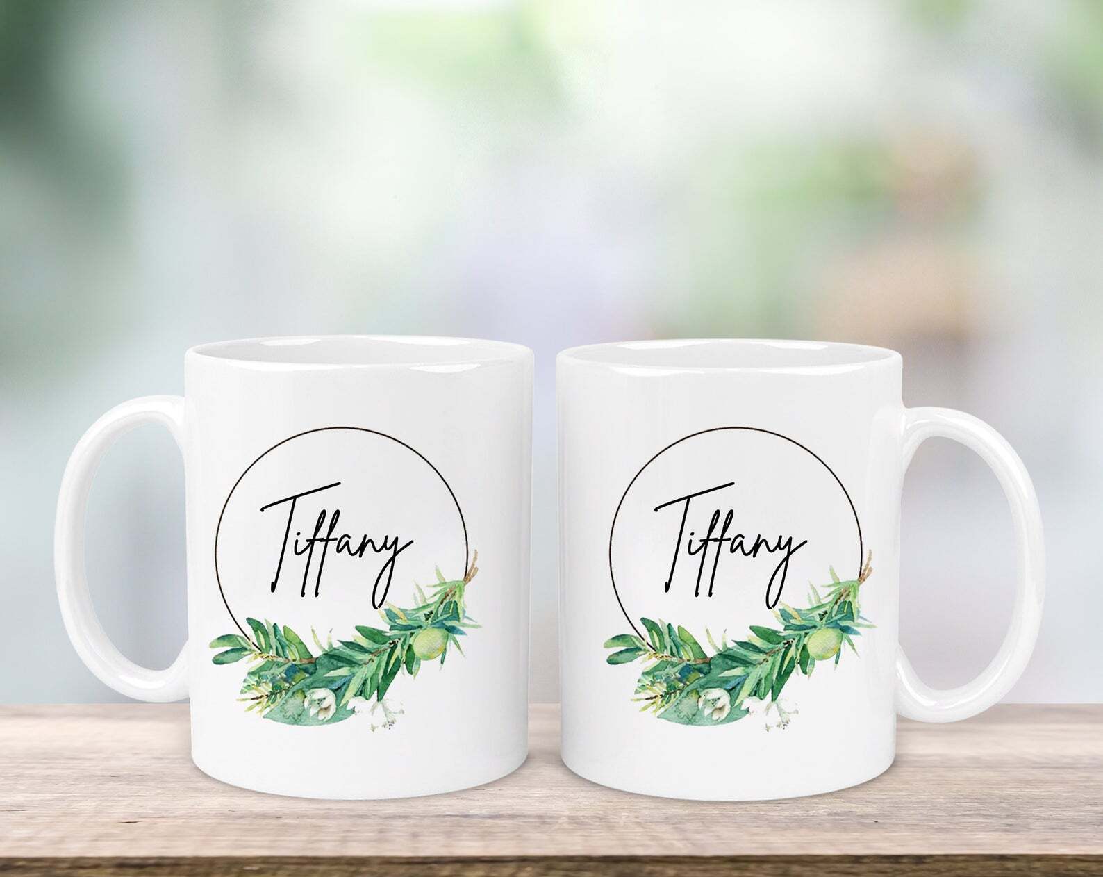 Personalised Name Mug Custom Name Mug Greenery Wreath Design Mug Birthday Gift