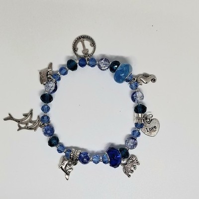 Blue Charms And Beaded Bracelet Elastic Jewerly Gift