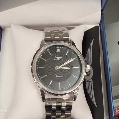 Gianello Silver Metal Bracelet Wristwatch Diamond Accent Black Dial Box