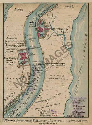 Map of the defenses of the Mississippi below New Orleans c1862 12x16