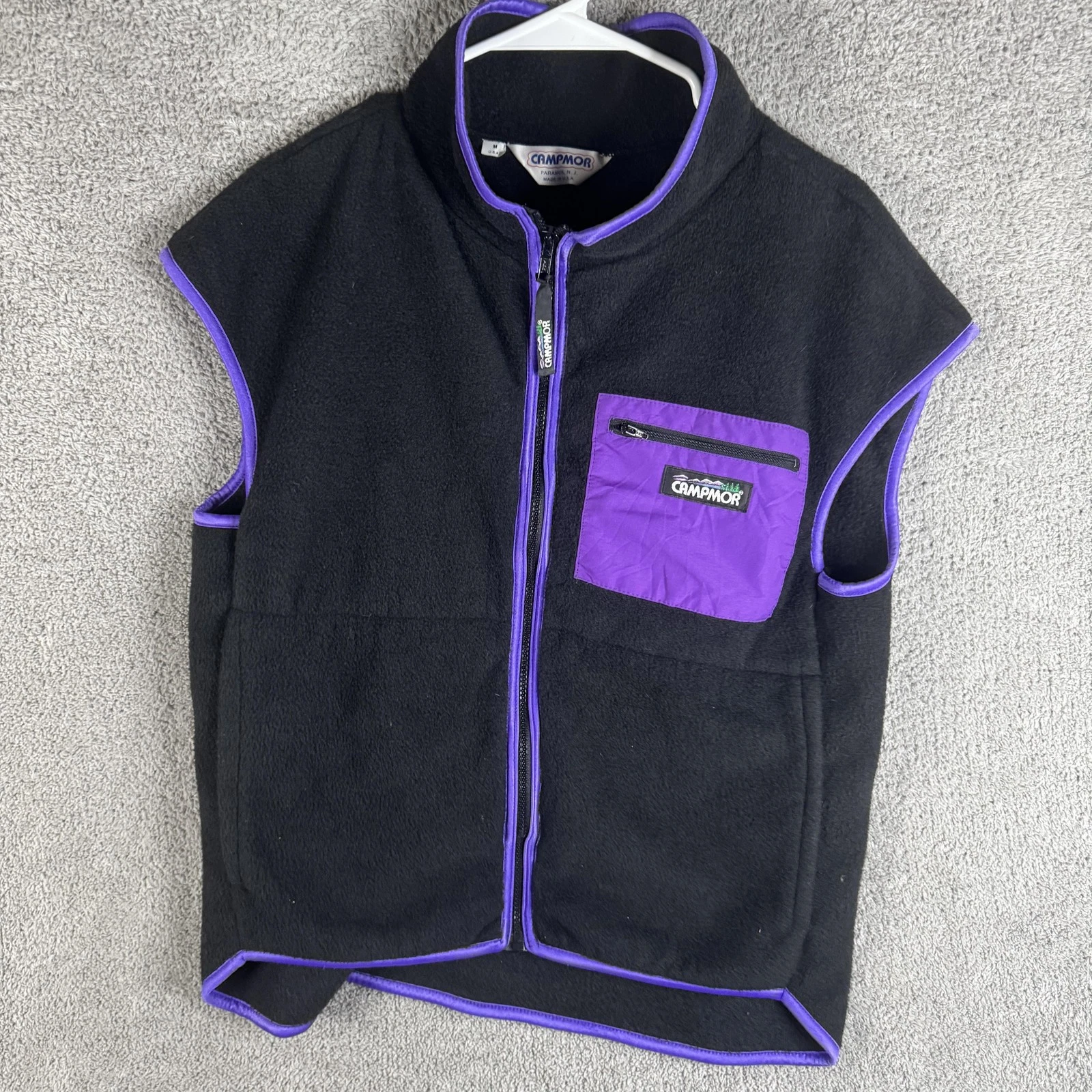 Vintage Campmor Vest Mens Medium Black Fleece Full Zip Purple Trim USA 90s