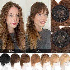 Clip In Remy Human Hair Topper Extensions Middle Parting Hairpiece with Bangs