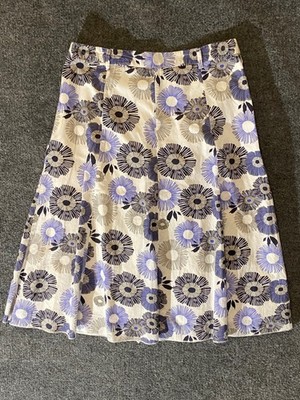 Canda Skirt Women 6 28W A Line Floral Cotton Lined Back Zipper Button White Blue