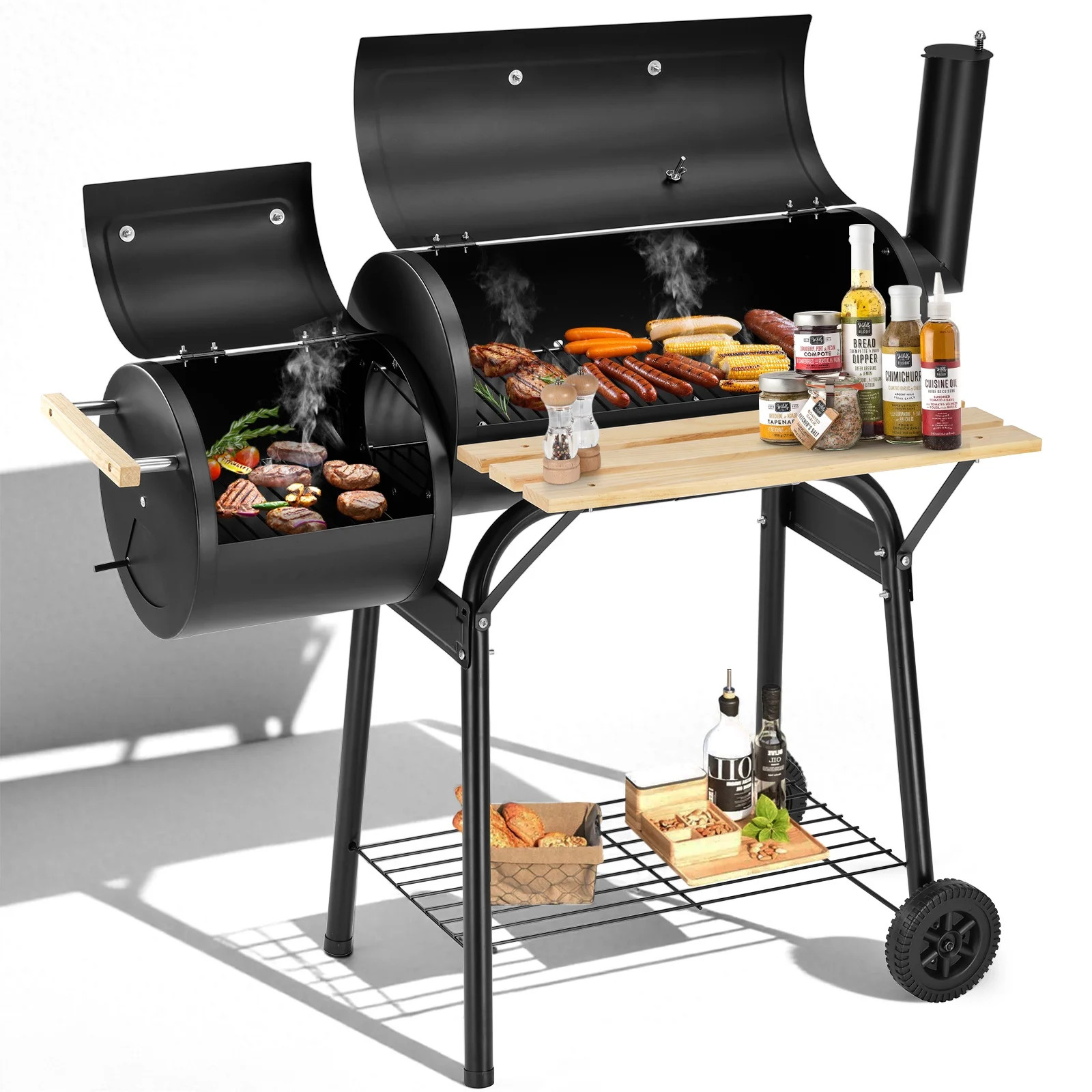BBQ Charcoal Grill 45.28" Length Portable,Offset Smoker Oven with Wheels,Black