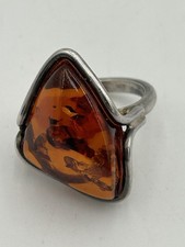 Sterling Silver Amber Ring Size 7 Modernist Freeform Cabochon 925 7.6 Grams