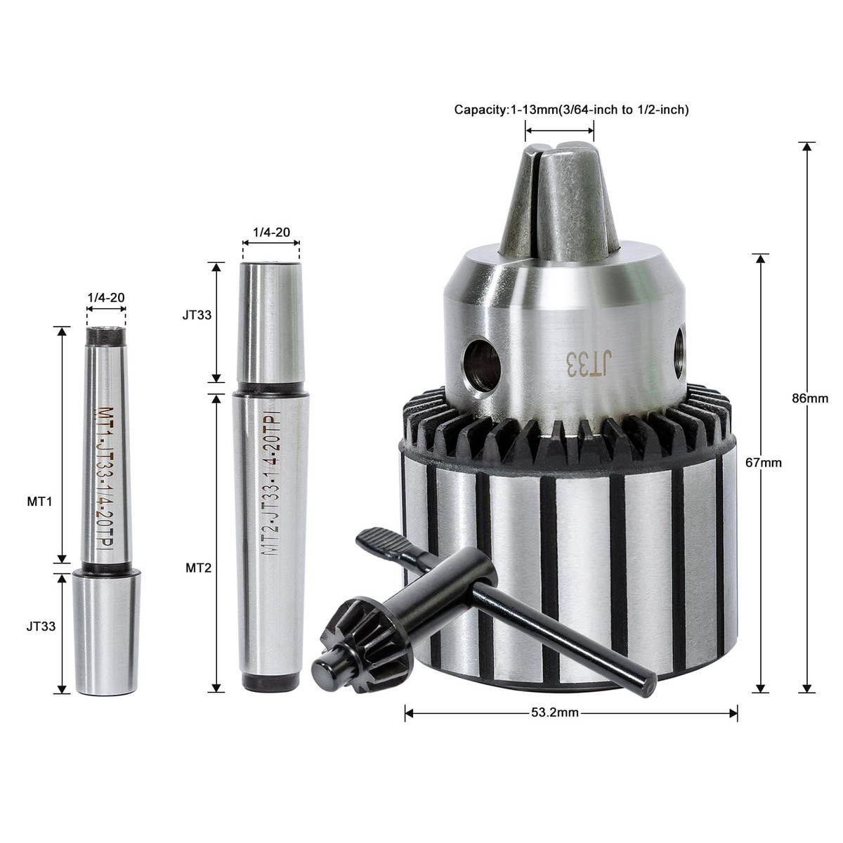 4 PCS Lathe Drill Chuck Adapter Set 1/2 Inch 1-13mm MT1 MT2 Arbor