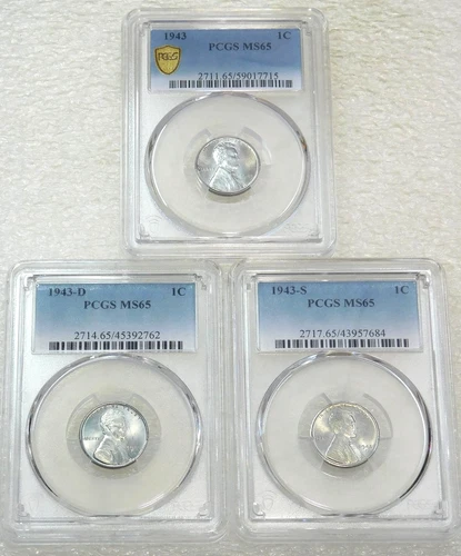 1943 P, D, S Lincoln Wartime Steel Cent PCGS MS65 Frosty set of 3 coins #A278D
